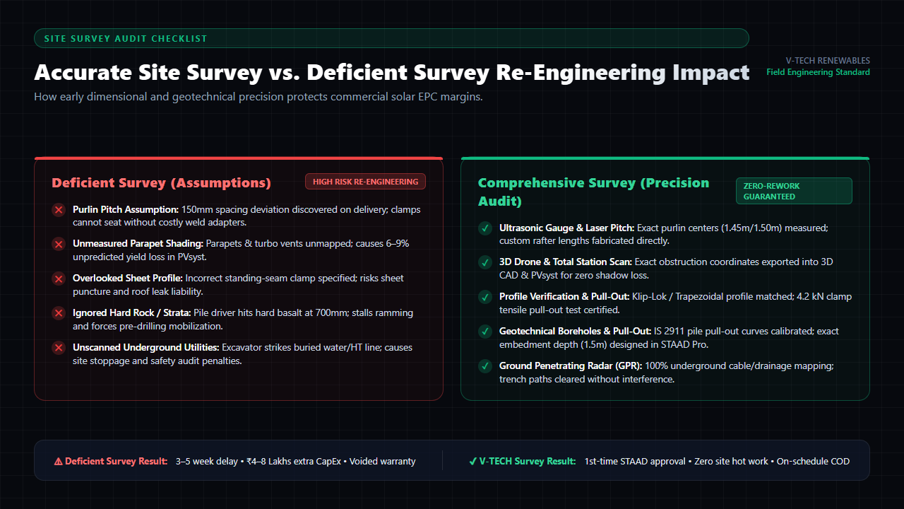 Technical infographic checklist comparing accurate solar site survey protocols versus deficient survey assumptions and their cost impact