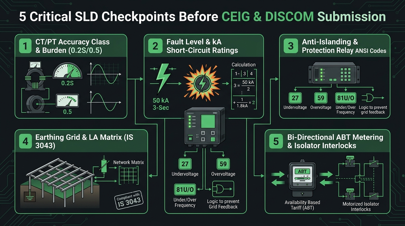 5 Critical SLD Checkpoints Before CEIG and DISCOM Submission: CT/PT Accuracy Class 0.2S, kA Short-Circuit Ratings, ANSI Protection Relay Codes, IS 3043 Earthing Grid, and ABT Metering Interlocks