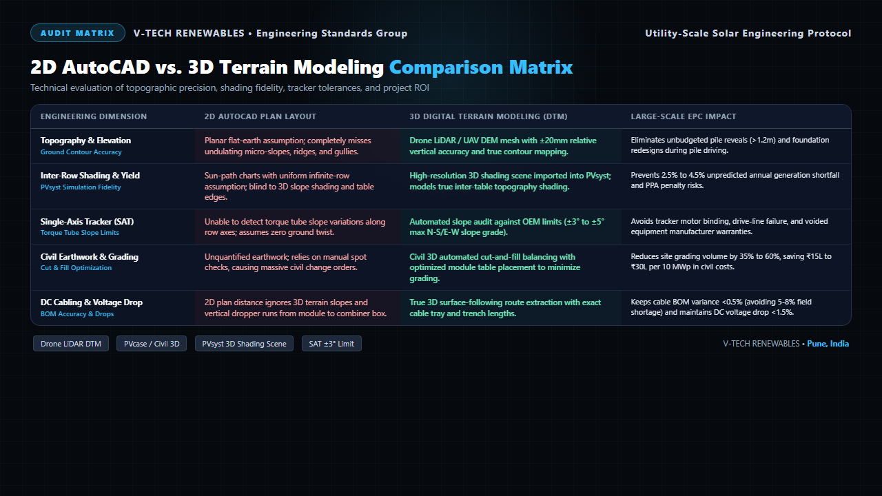 2D AutoCAD vs 3D Digital Terrain Modeling comparison matrix for utility-scale solar projects detailing terrain accuracy, tracker limits, shading, and EPC margins